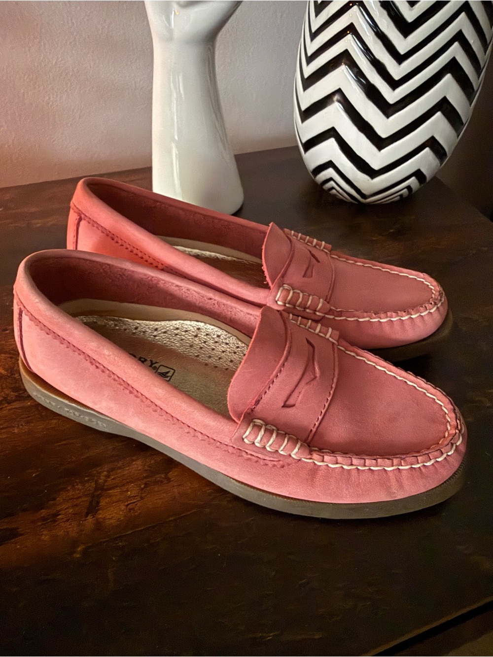 Sperry Coral Pink Suede Penny Loafers